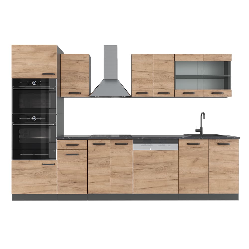 Cuisine avec armoire haute sans PT Chêne doré 300x81,6cm