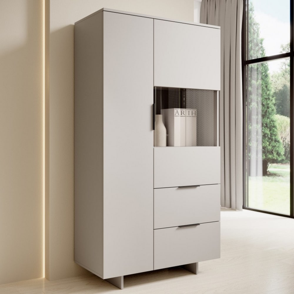 Vitrine en bois beige mat 2 portes 2 tiroirs