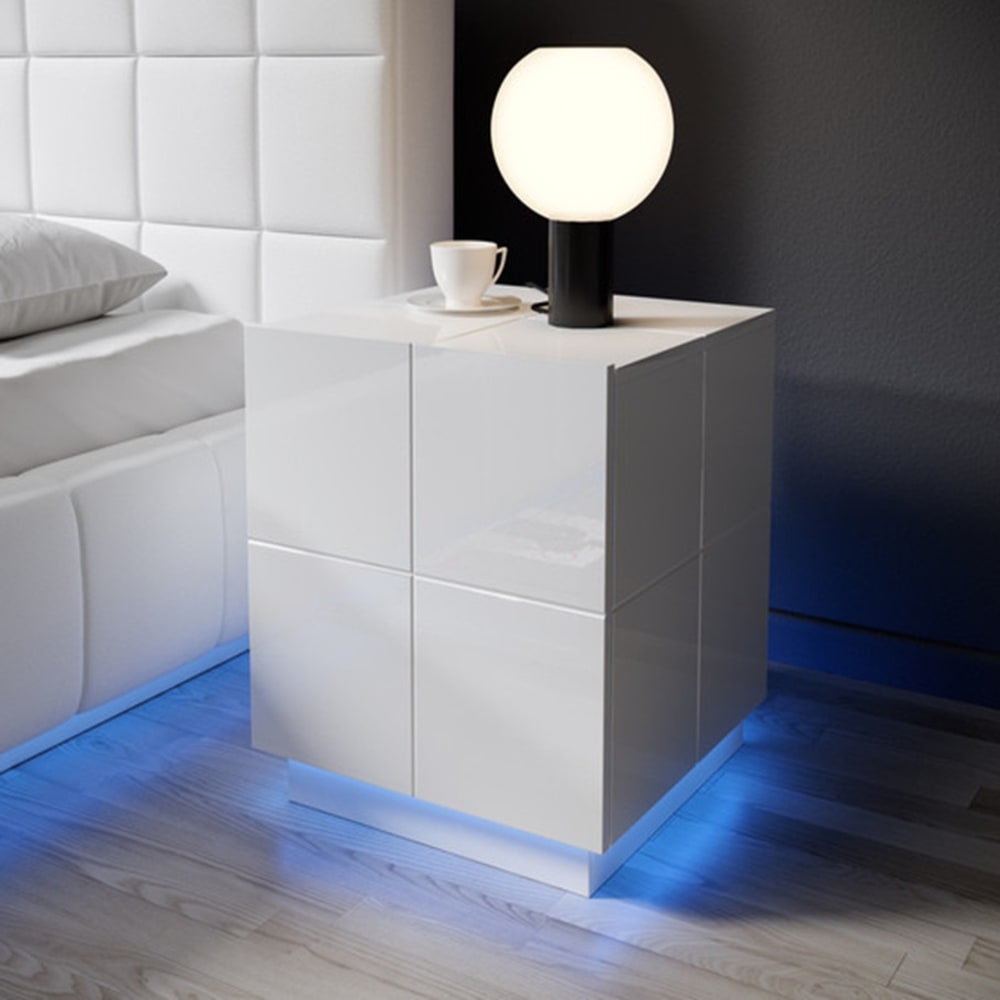 Lot de 2 tables de chevet design blanc brillant led   bleu