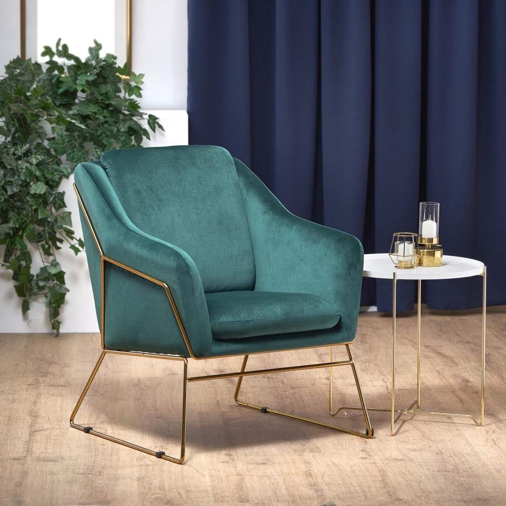 Fauteuil en velours de polyester vert avec structure design en acier