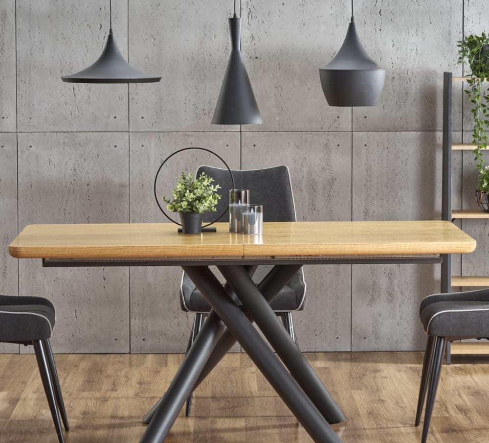Table salle à manger pied central acier chêne et noir  160-200cm