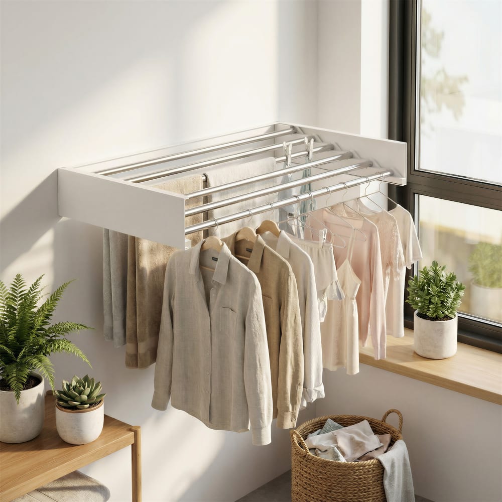 Etendoir à linge mural rabattable 5 tringles 80 cm blanc en acier — vue 3