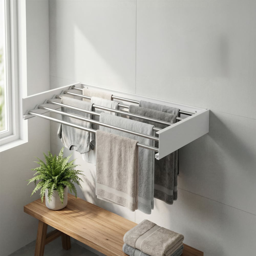 Etendoir à linge mural rabattable 5 tringles 80 cm blanc en acier — vue 4
