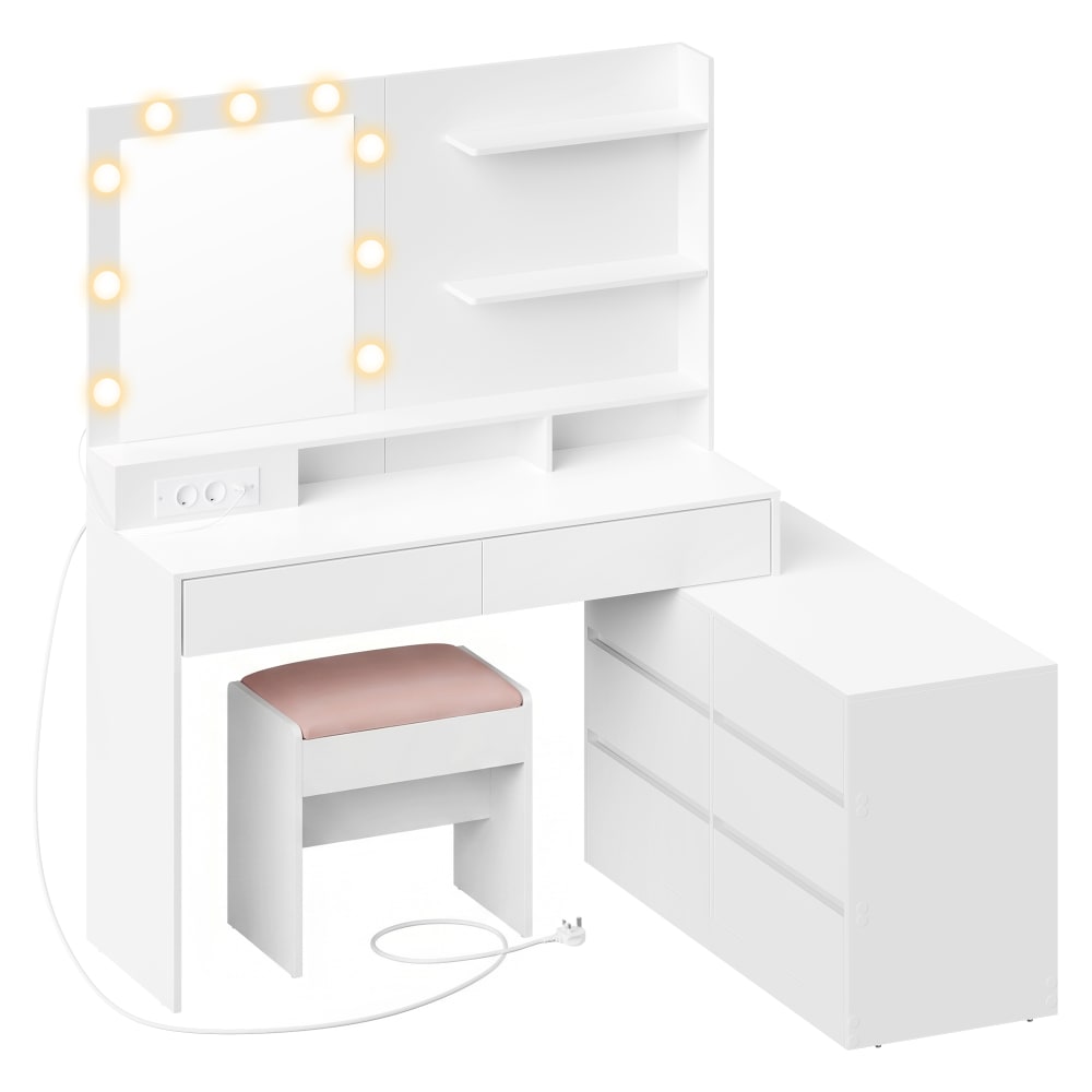 Coiffeuse avec miroir et tabouret avec multiprise blanc — Beyit