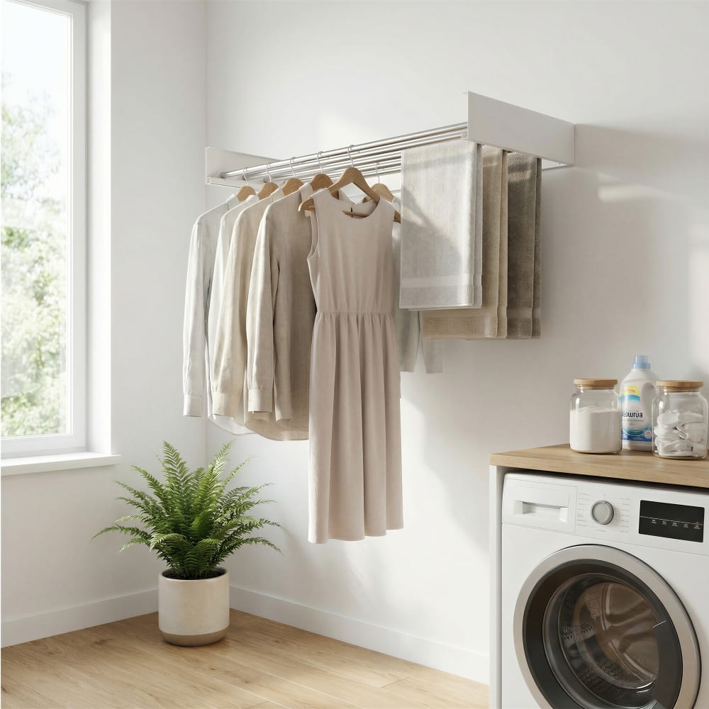 Etendoir à linge mural rabattable 6 tringles 100 cm blanc en acier — vue 3