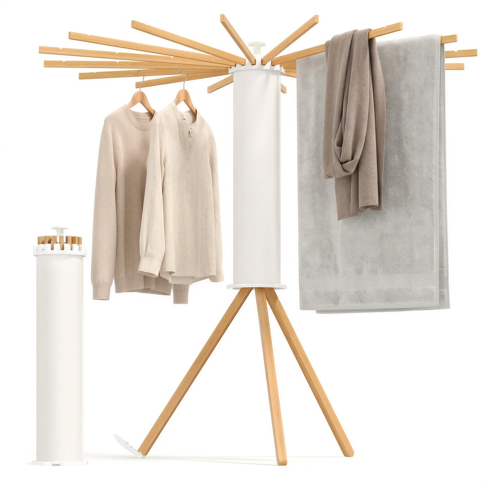 Étendoir à linge pliable en bois forme parapluie couleur naturelle — Beyit