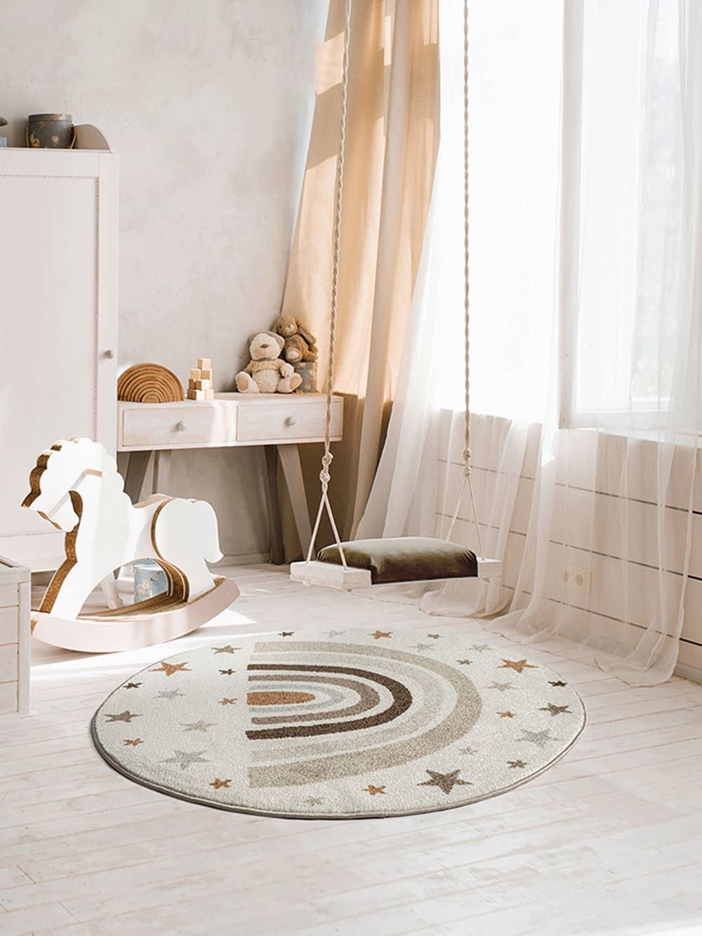 Teppich Kinder modern Regenbogen Sterne, creme, 120 cm rund -