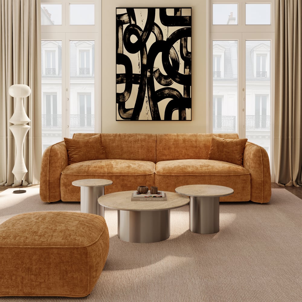 Pouf en velours gaufré caramel