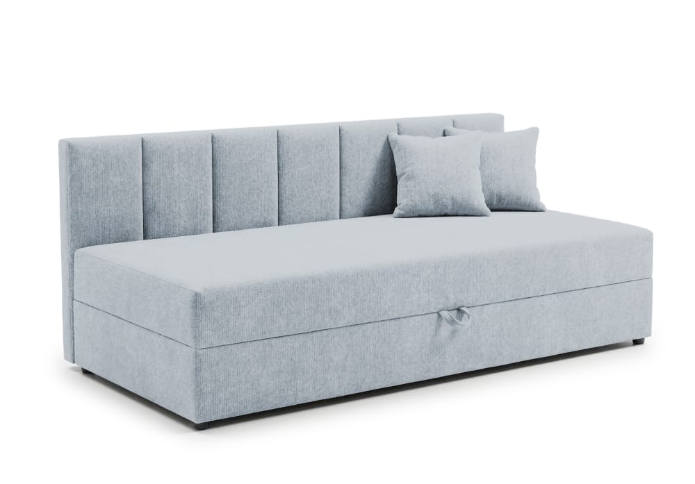 S-Style Tagesbett mit Rückenlehne und großem Bettkasten aus Chenille style modern Blau Holz