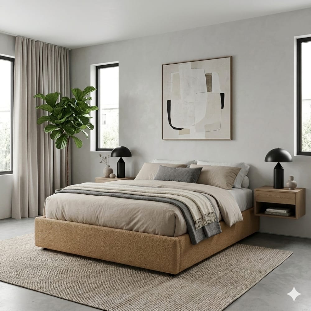 Lit coffre en bouclette camel 140x190 cm
