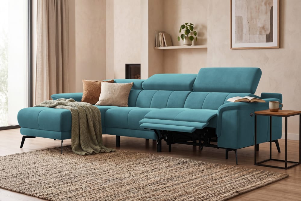 Ecksofa Relax 4-Sitzer links, Mintgrün Veloursstoff - Maisons Du