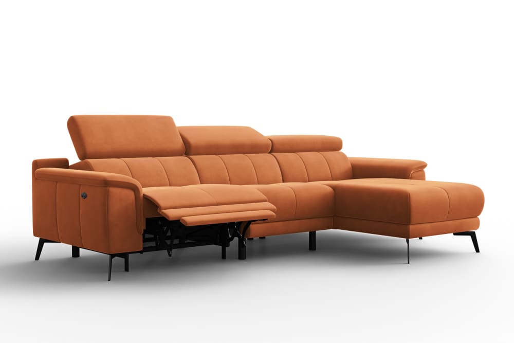 Courtois Laville Ecksofa Relax 4-Sitzer rechts, Oranger Veloursstoff orange Holz