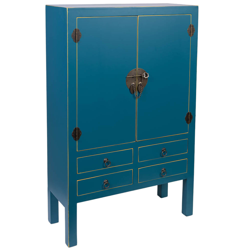 Wanderlust deco Kleiderschrank aus Holz mit 4 Schubladen und 2 Türen style exotic Blau Spanplatte