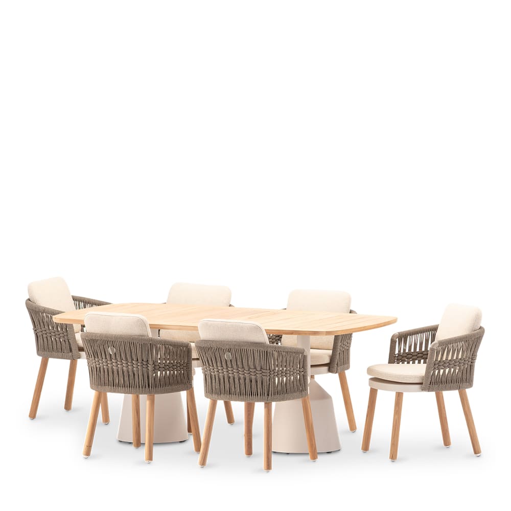 Set table 200x100 avec 6 chaises en bois et corde Set table 200x100 avec 6 chaises en bois et corde