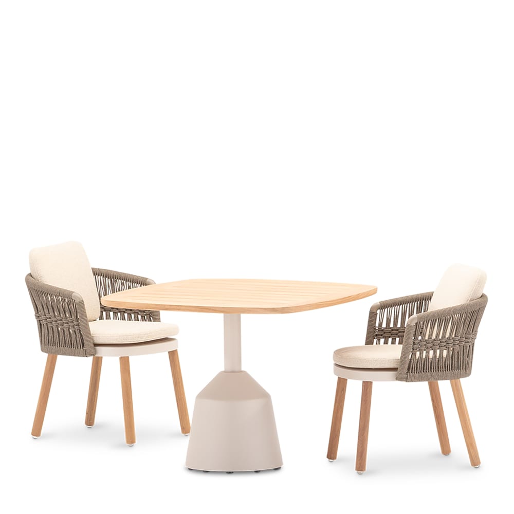 Set table 100x100 avec 2 chaises en bois et corde Set table 100x100 avec 2 chaises en bois et corde