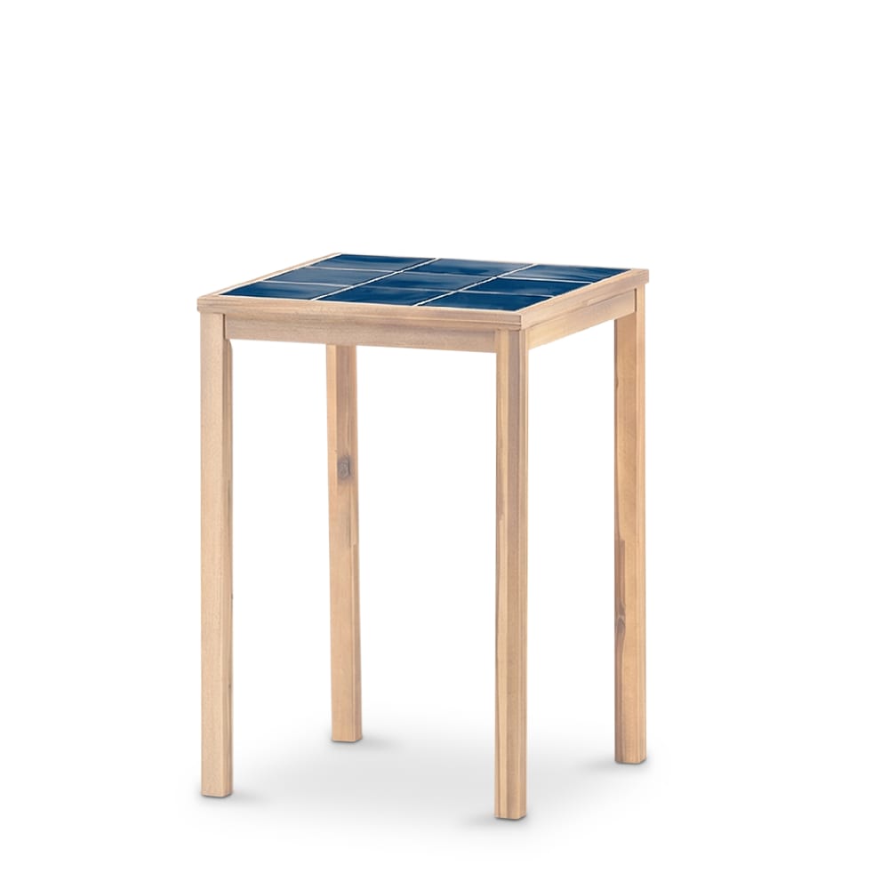 Table haute carrée, bois et céramique 66x66x90 bleu