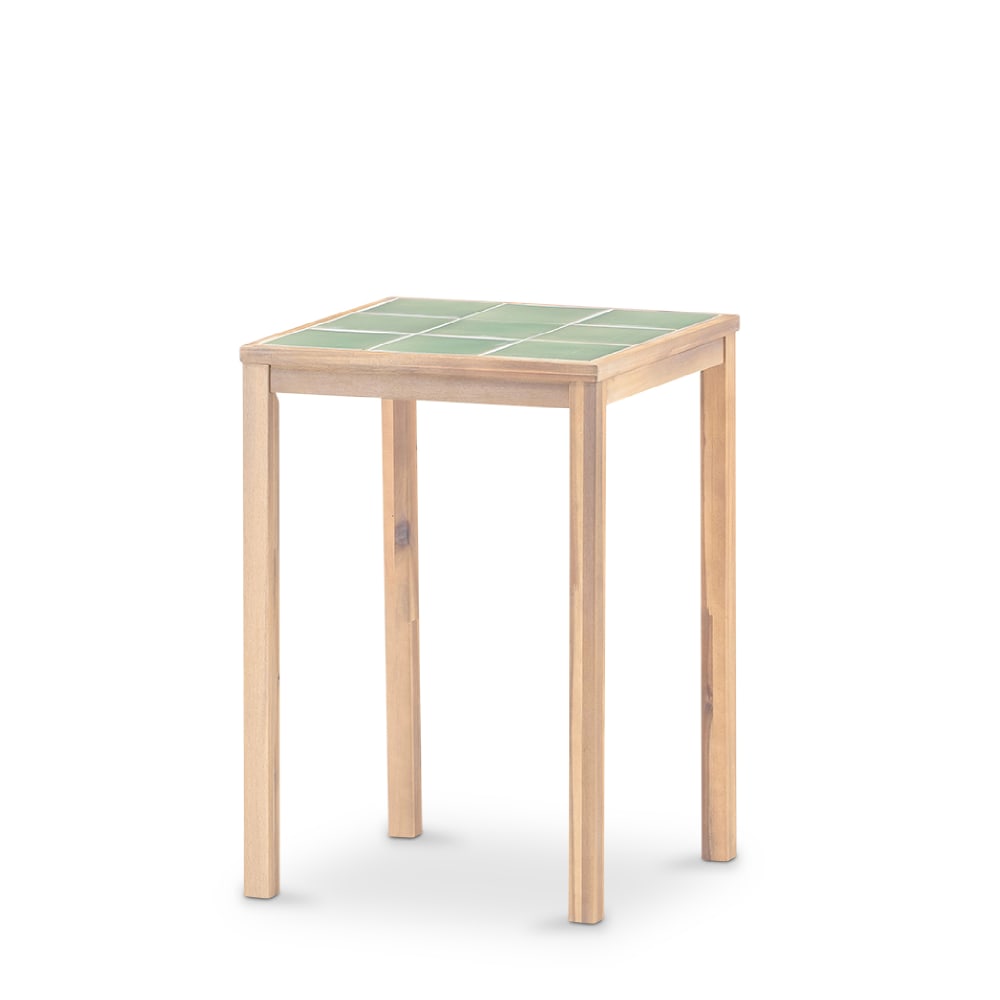 Table haute carrée, bois et céramique 66x66x90 vert clair