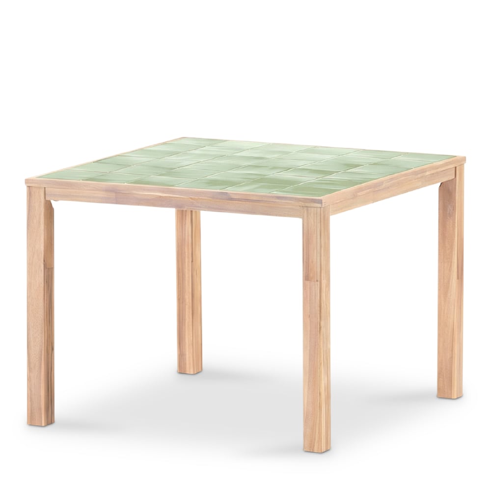 Table haute carrée, bois et céramique 127x127x90 vert clair