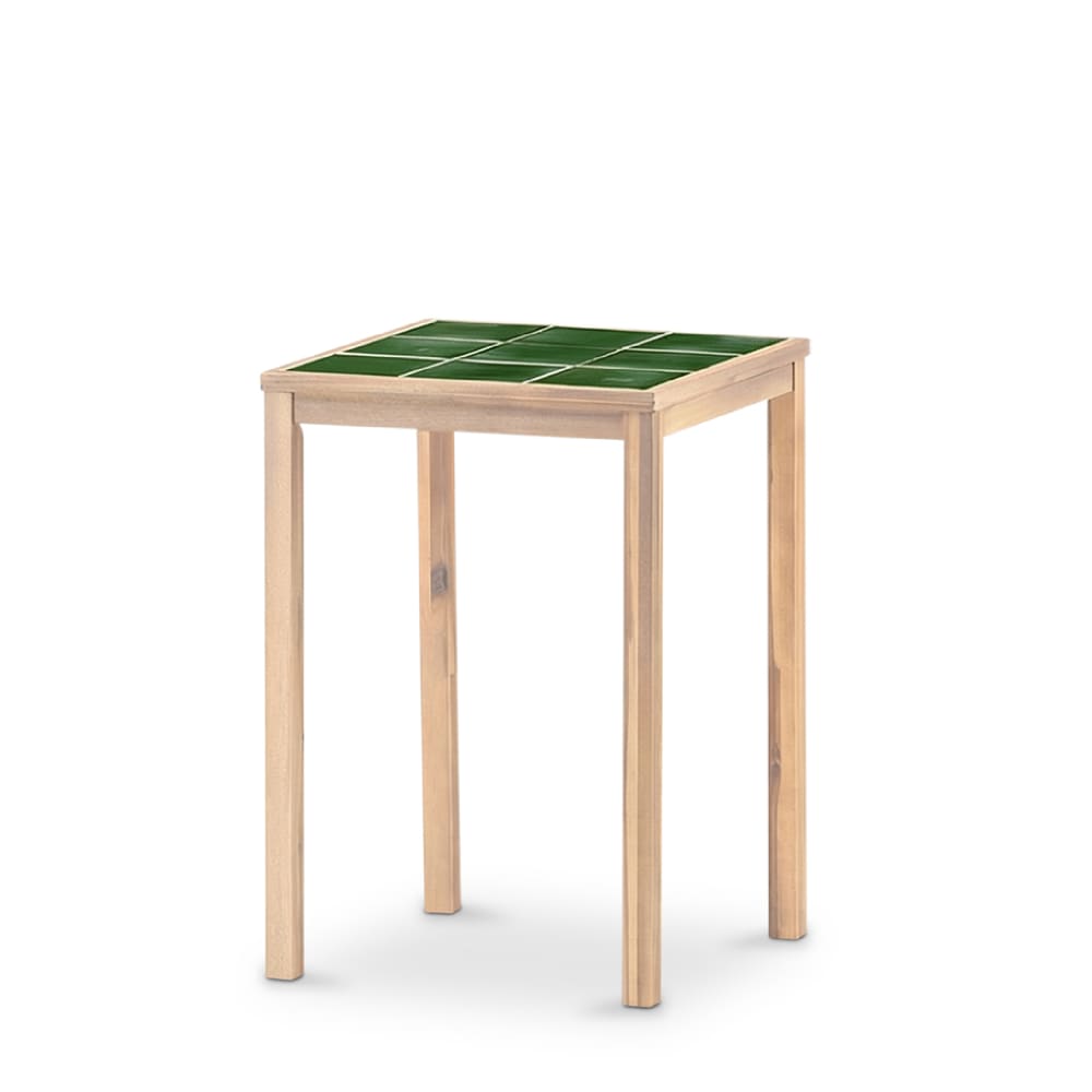 Table haute carrée, bois et céramique 66x66x90 vert