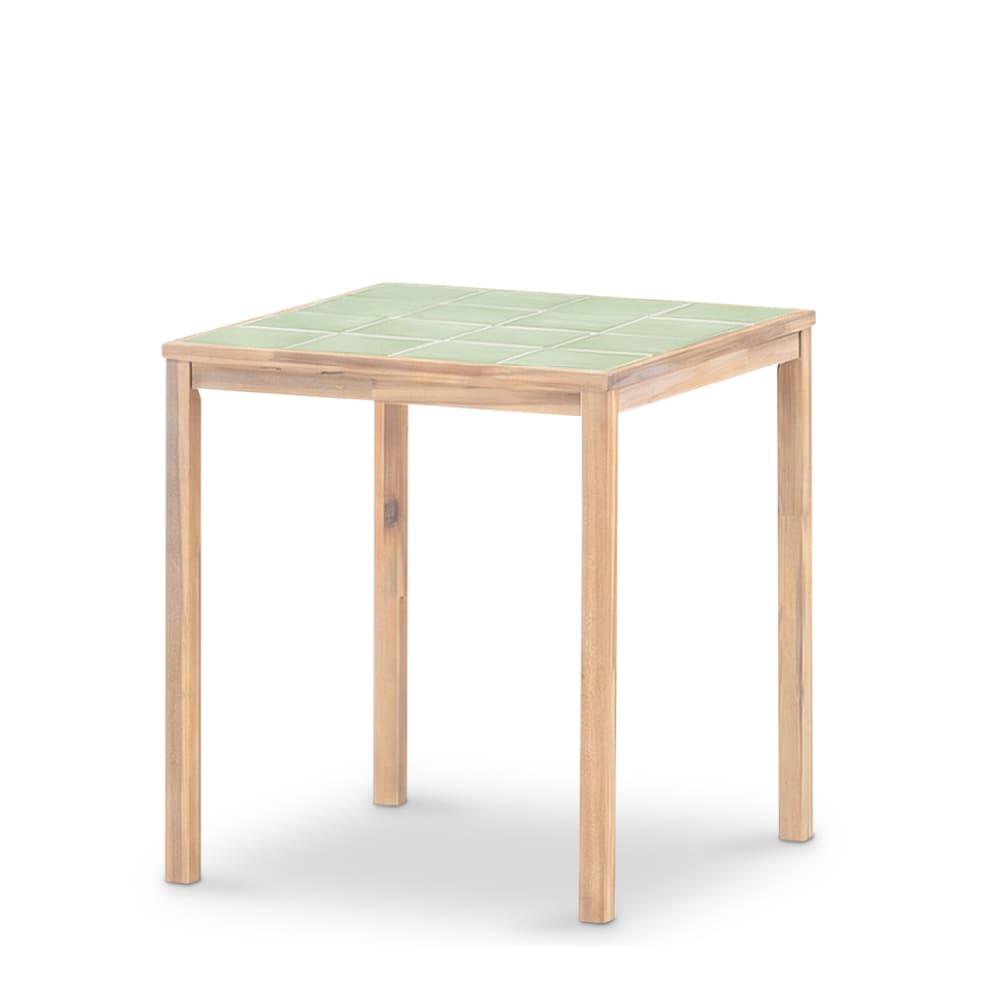 Table haute carrée, bois et céramique 86x86x90 vert clair