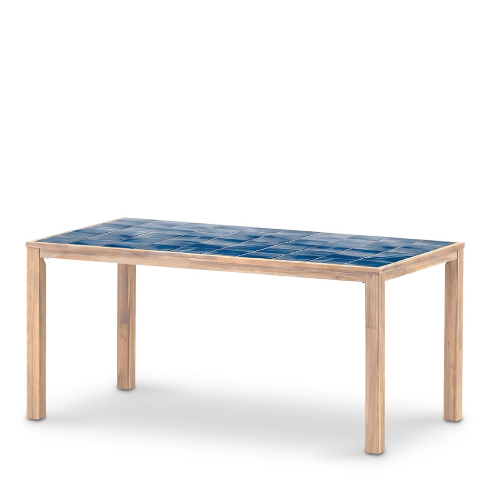 Table haute rectangulaire, bois et céramique 207x106x90 bleu