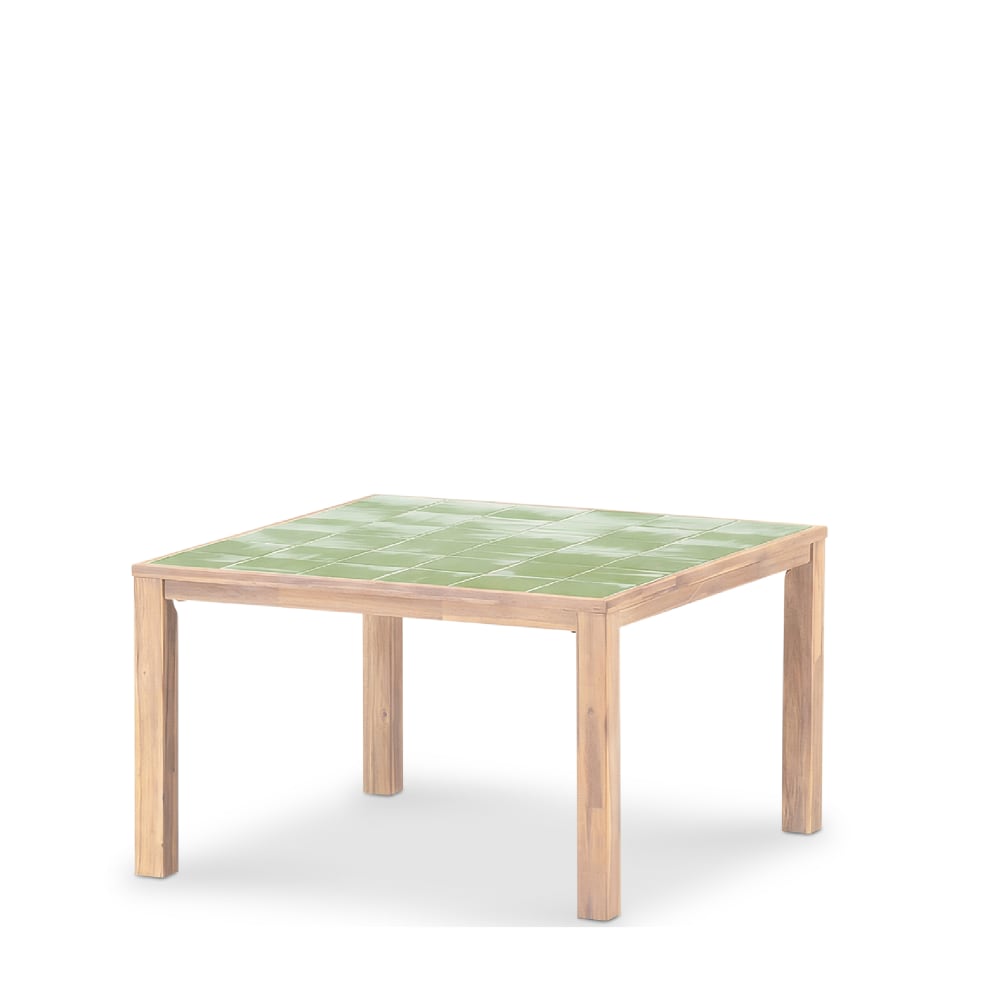 Table à manger carrée, bois et céramique 127x127x76 vert clair