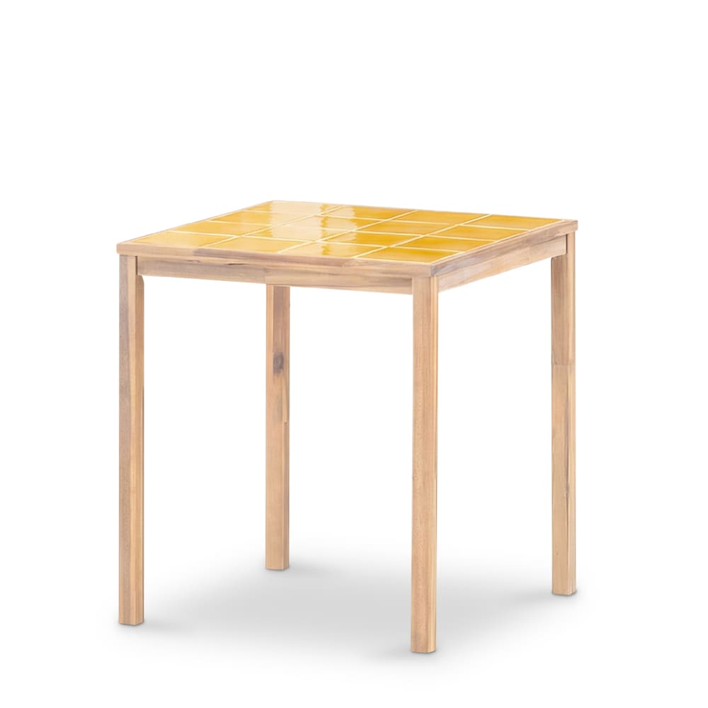 Table haute carrée, bois et céramique 86x86x90 moutarde
