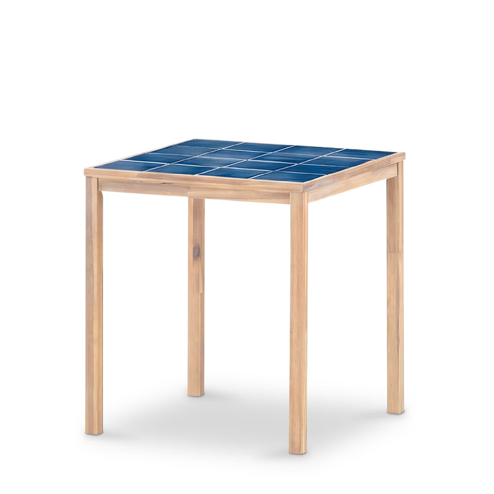 Table haute carrée, bois et céramique 86x86x90 bleu