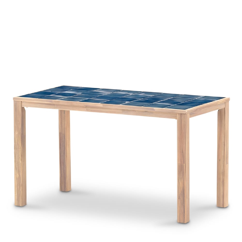 Table haute rectangulaire, bois et céramique 167x87x90 bleu