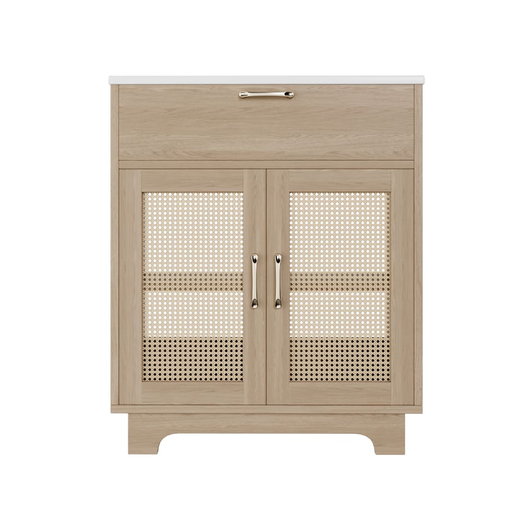 Meuble sous-vasque 76 cm, 2 portes en rotin et tiroir, Chêne clair Meuble sous-vasque 76 cm, 2 portes en rotin et tiroir, Chêne clair