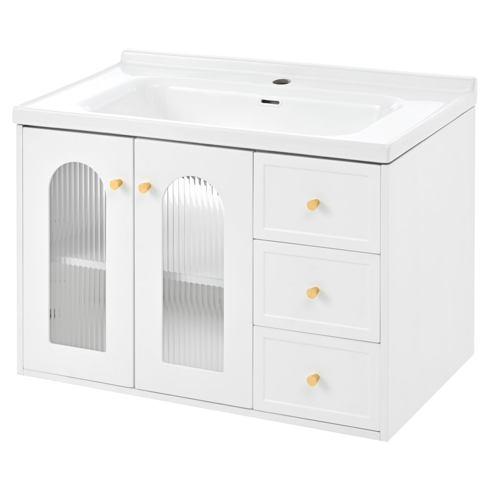 Urban Meuble Waschbeckenunterschrank mit Riffelglas & goldenen Griffen, 80 cm, Weiß Weiß Spanplatte