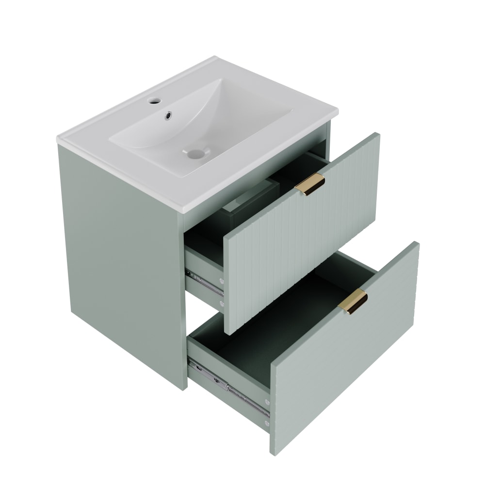 Meuble vasque 2 tiroirs rainuré 61 cm vert sauge