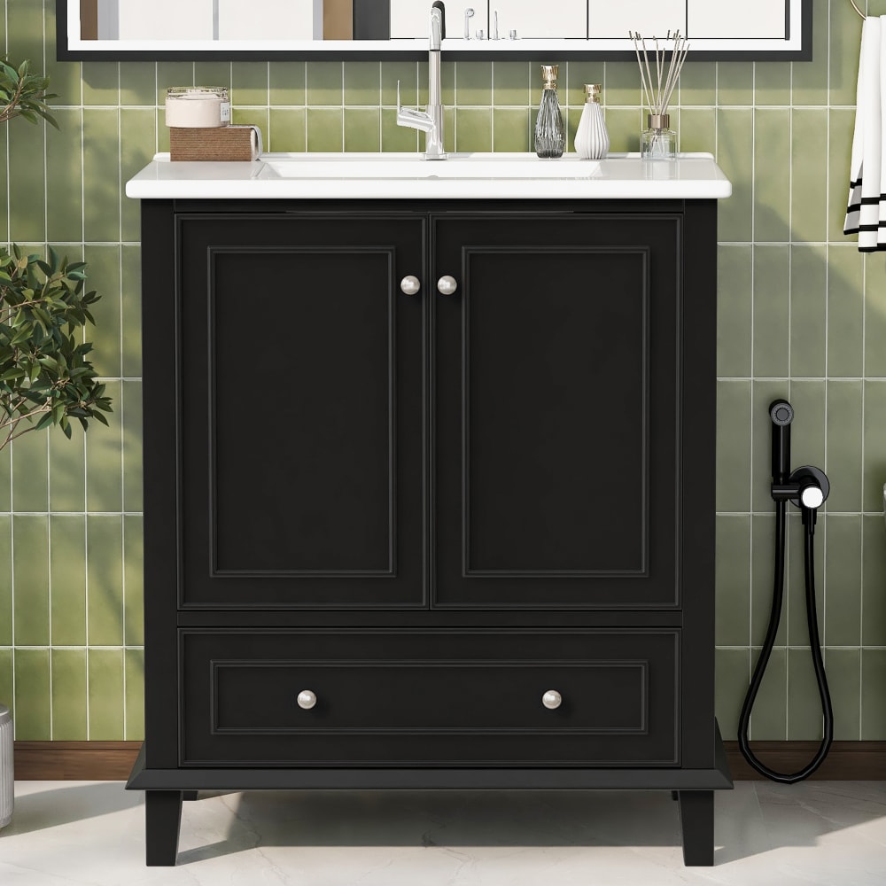 Waschbeckenunterschrank 76 cm, 2 Türen & Schublade, Schwarz -