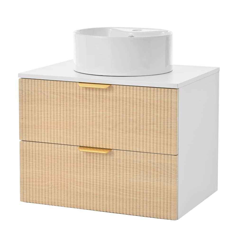 Meuble Vasque Suspendu Blanc et Bois - Façade Ondulée avec Vasque