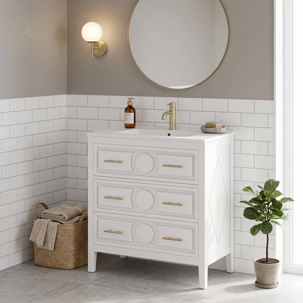 Weißer Retro-Waschtisch 81cm - Keramikbecken & 3 Soft-Close