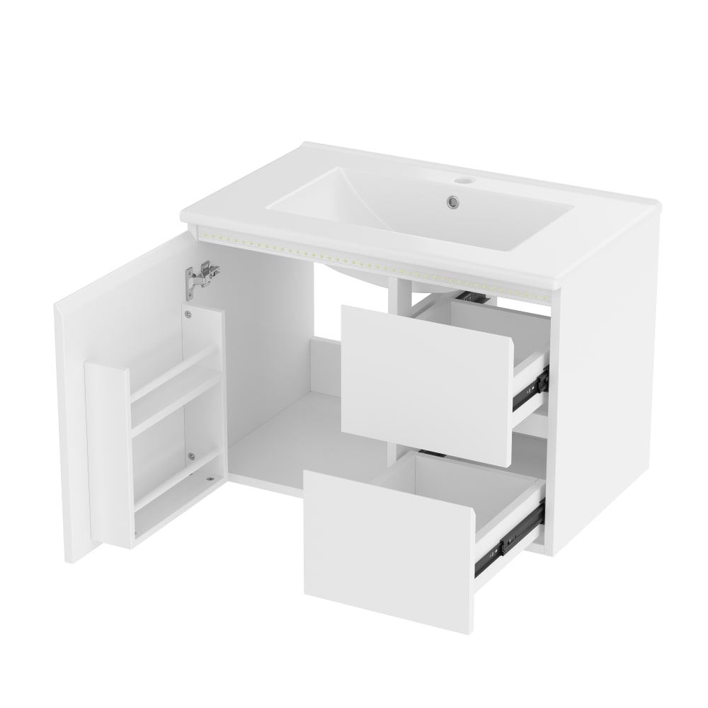 Urban Meuble Hängender Waschtisch 76cm mit LED, 1 Tür und 2 Schubladen, Weiß Weiß Spanplatte