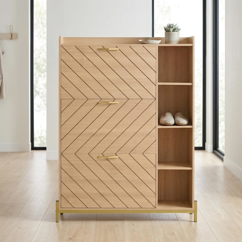 Schuhschrank Eiche Design Geometrie goldene Details, Eichefarben