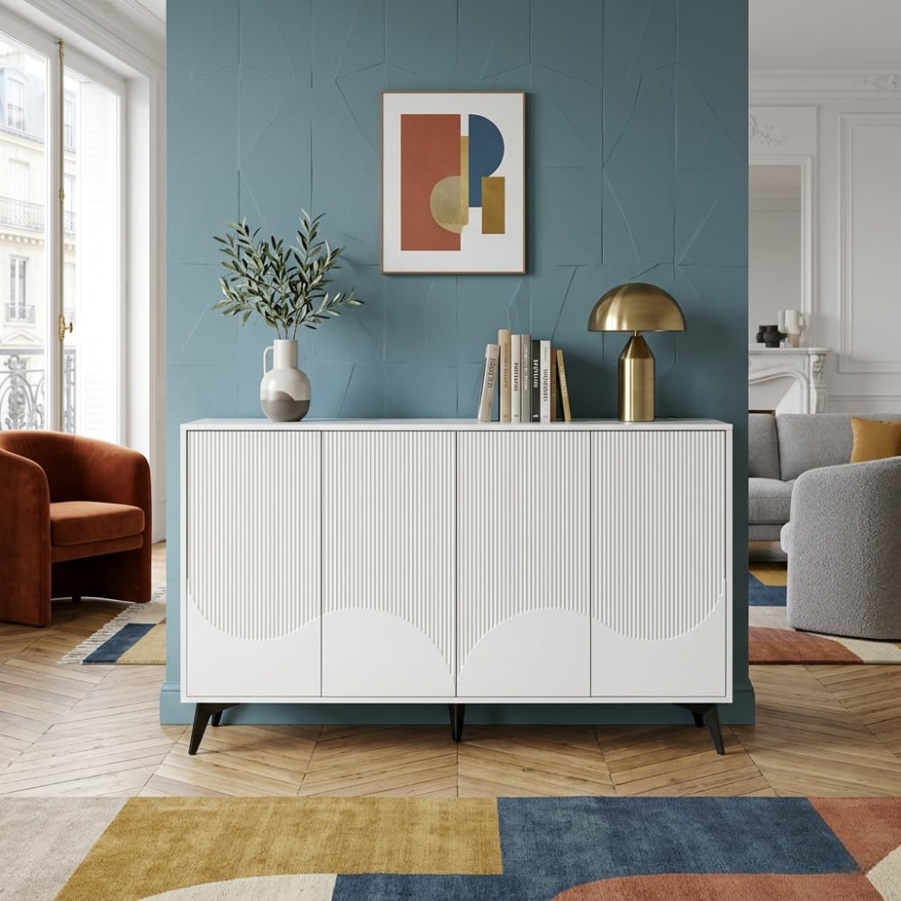Sideboard mit 4 Türen im Wellendesign und schwarzen Füßen, Weiß -