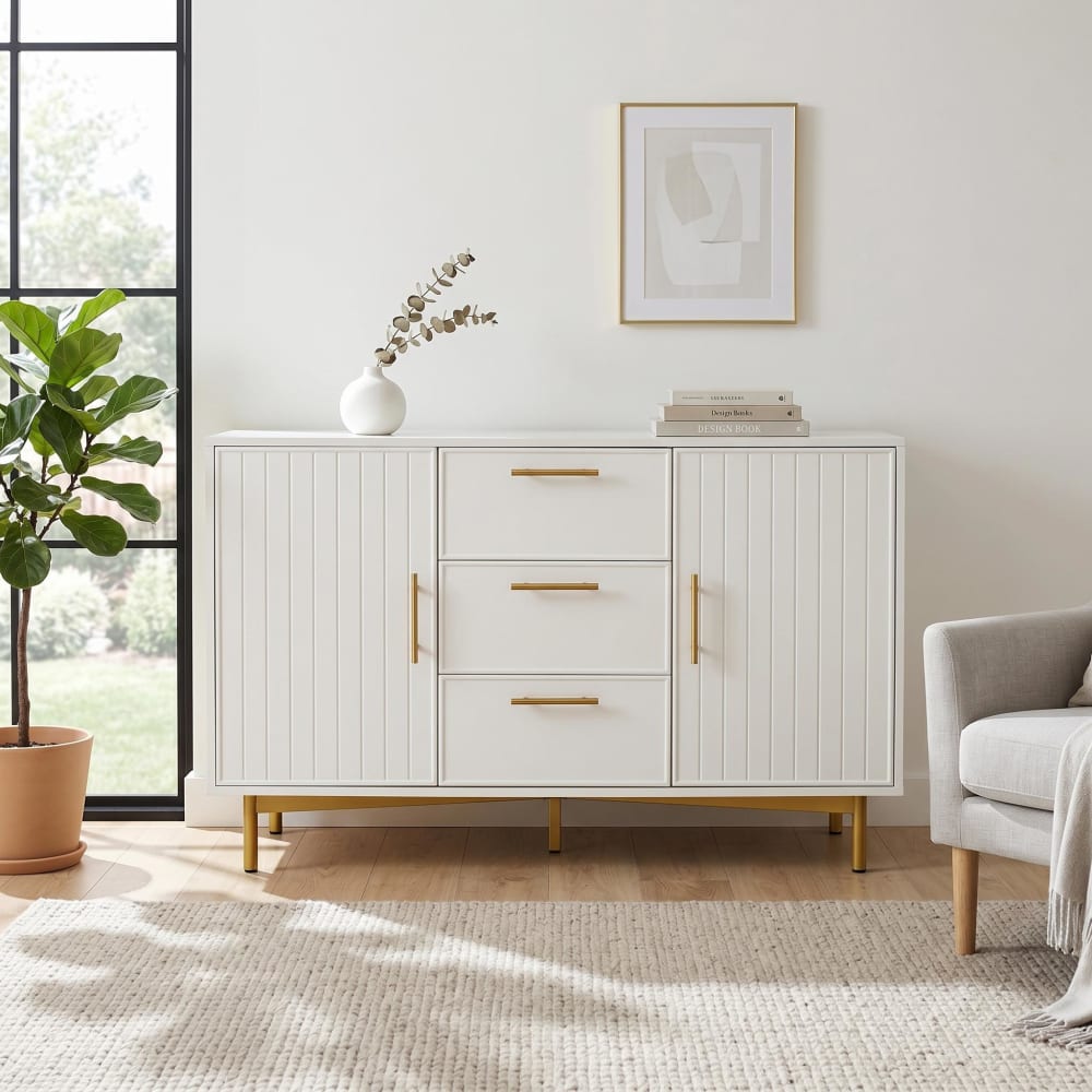 Sideboard mit 2 Türen, 3 Schubladen und goldenen Details, Weiß -