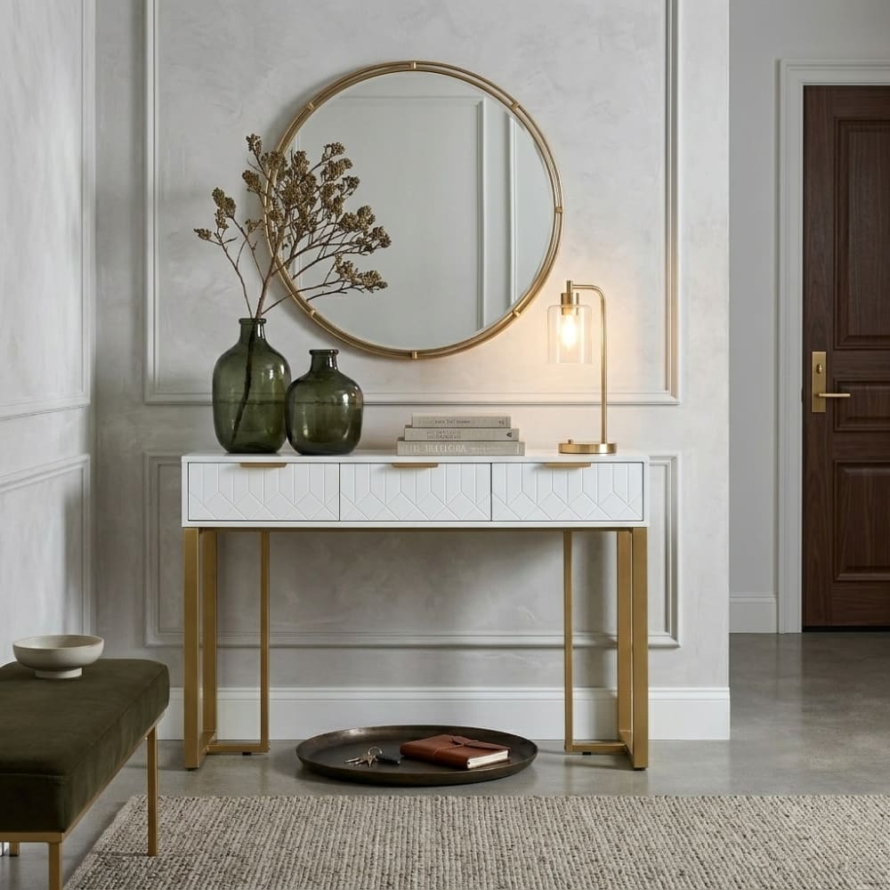 Console blanche motif géométrique et détails dorés 120x36x80cm