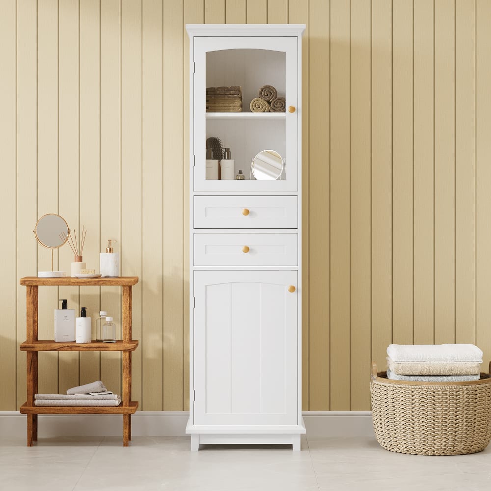 Badezimmerschrank 160cm mit Glastür und 2 Schubladen, Weiß -
