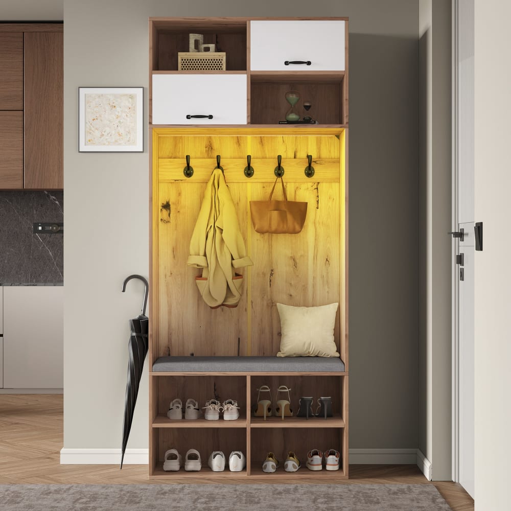 Garderobe mit Bank, Haken, Fächern und LED, Holzoptik,