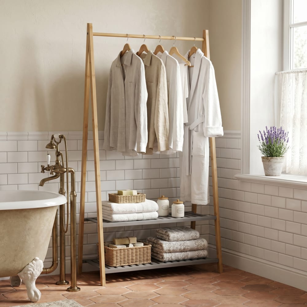 Portant à Vêtements en Bambou 150cm - Penderie Naturelle avec 2 Niches