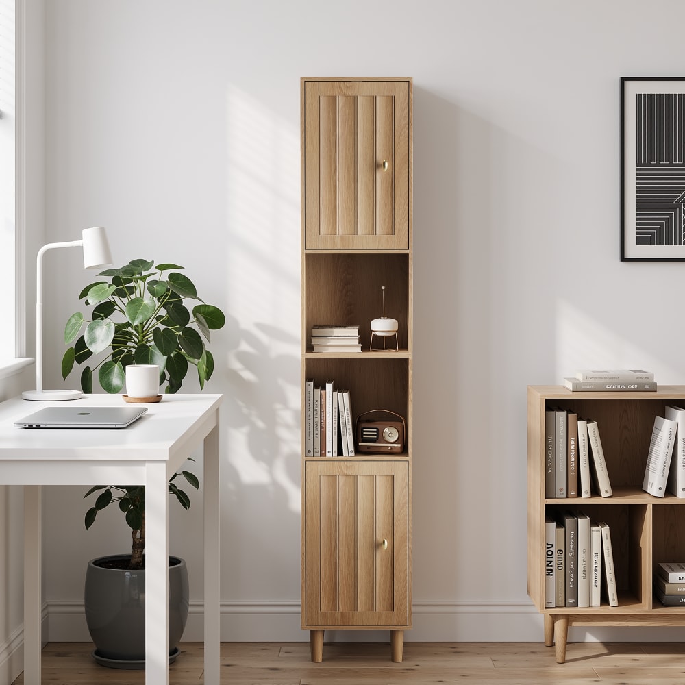 Hochschrank Eiche-Optik 169cm - Badschrank Schmal mit 2 Türen &