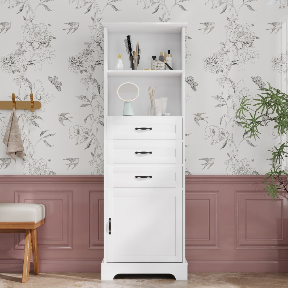 Hochschrank mit 3 Schubladen & Regalfächern, 56x25x167 cm, Weiß -