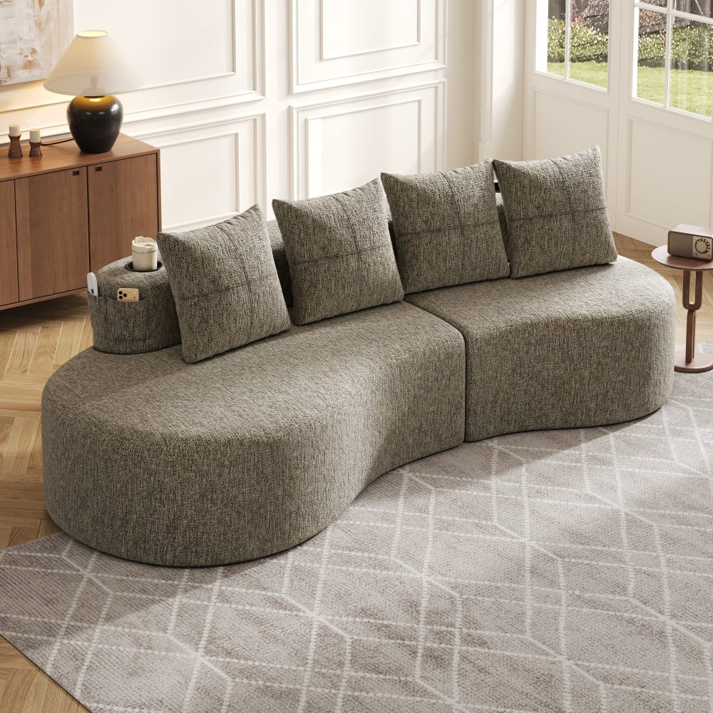 3-Sitzer Leinensofa mit 4 Kissen, Getränkehalter und Taschen,