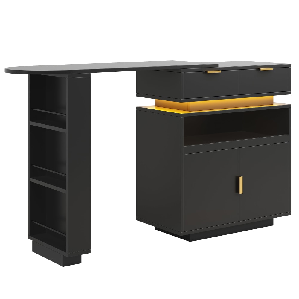Urban Meuble Ausziehbarer Luxus-Bartisch mit LED und Gold-Details, Schwarz Schwarz Spanplatte