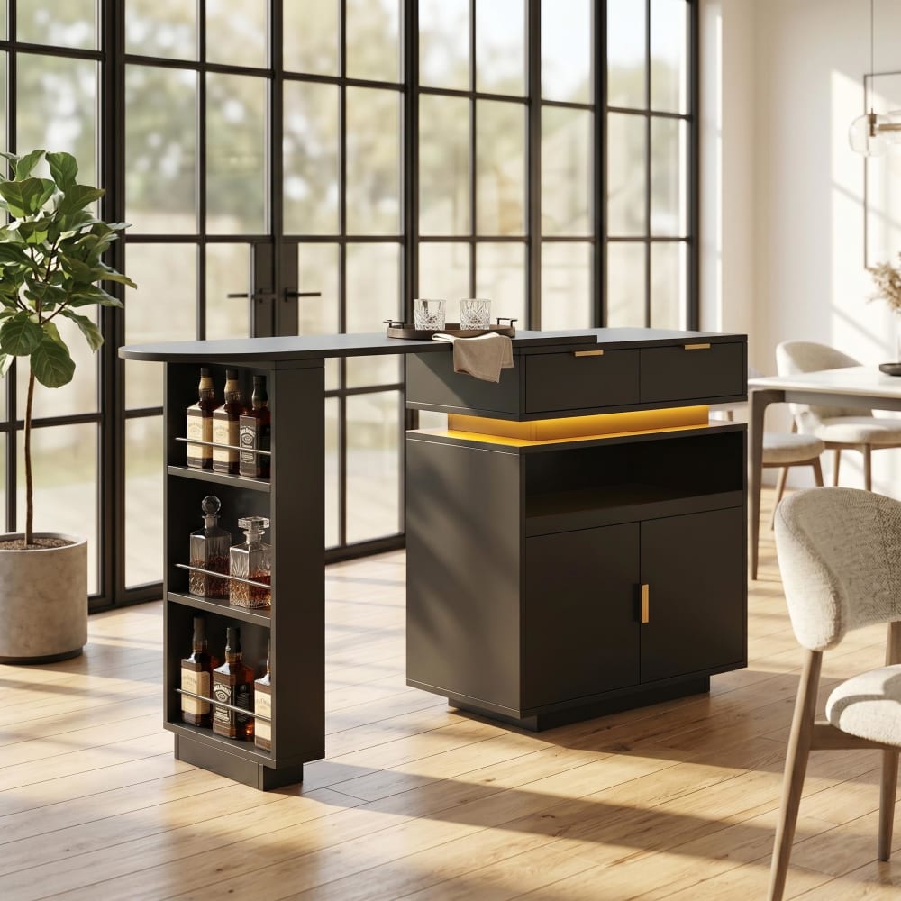 Ausziehbarer Luxus-Bartisch mit LED und Gold-Details, Schwarz -