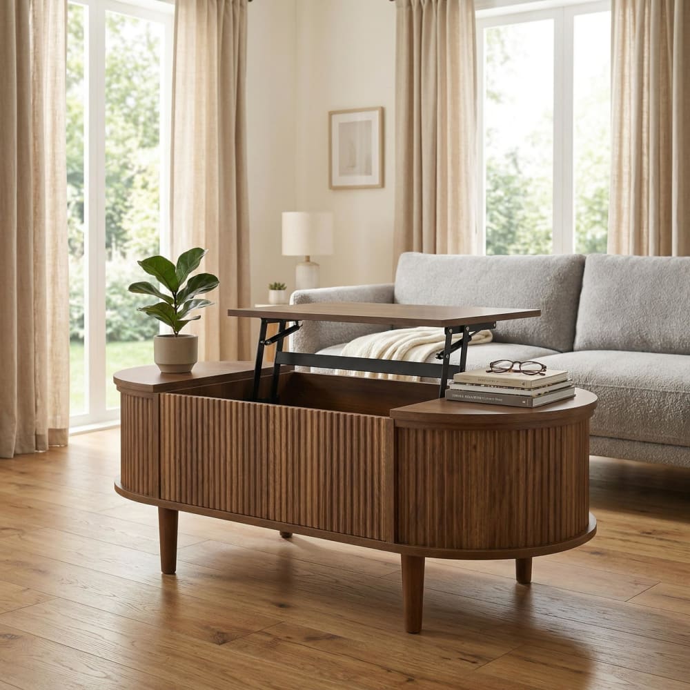 Table basse ovale rélevable effet noyer vintage 2 portes 100x48cm