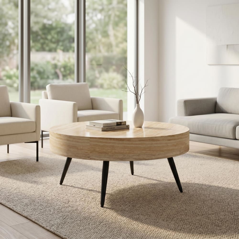 Couchtisch rund in Travertin-Optik & Metallgestell, 70x70 cm,